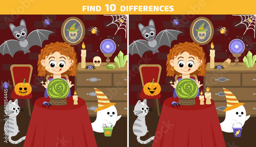 Soothsayer with magic crystal ball. Find 10 differences. Halloween game. Flat, cartoon, vector