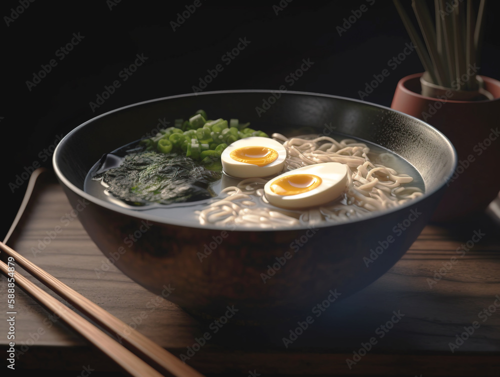 Ramen soup with noodles, leek, nori, soft egg and chashu chicken on a dark background. Chopsticks hold noodles. Ramen soup with noodles, leek, nori, soft egg and chashu chicken on a dark background. Chopsticks hold noodles.