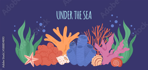 Horizontal sea Background with coral reef and sea shells. Underwater banner with place for text. Colorful marine flora and fauna. Flat vector illustration