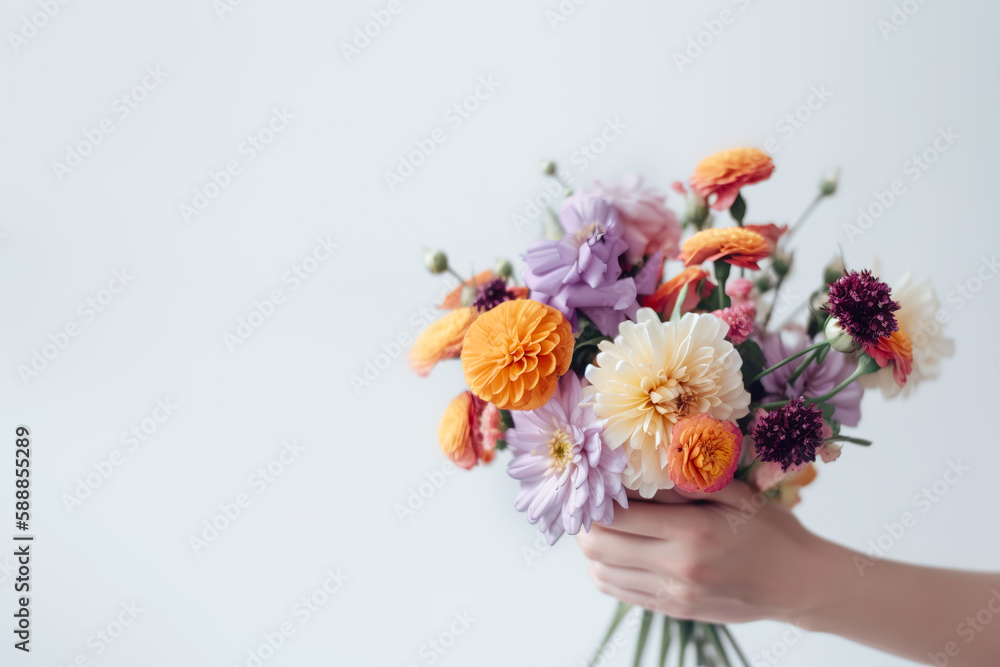 Naklejka premium Female hand holds beautiful bouquet of dahlias and chrysanthemums. Mothers day, holiday decor, Flower delivery concept. Generative AI illustration