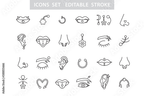 Piercing jewel icons set Face Body Pierce jewelry