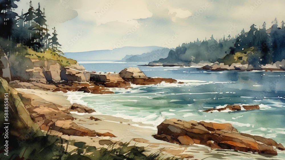 watercolors landscape, ocean, cloudy sky