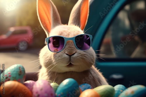 Happy Cute Easter Bunny with sunglasses looking out of a car filed with easter eggs, Generative AI