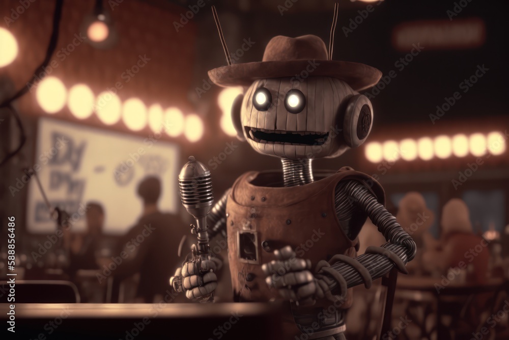 Robot singing country music in a bar - Generative AI Robot singing country music in a bar - Generative AI