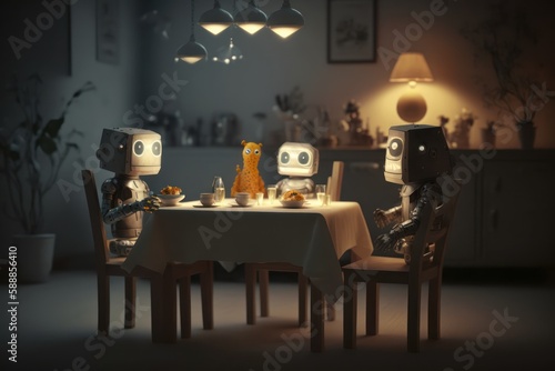 Robot family sitting around dining table