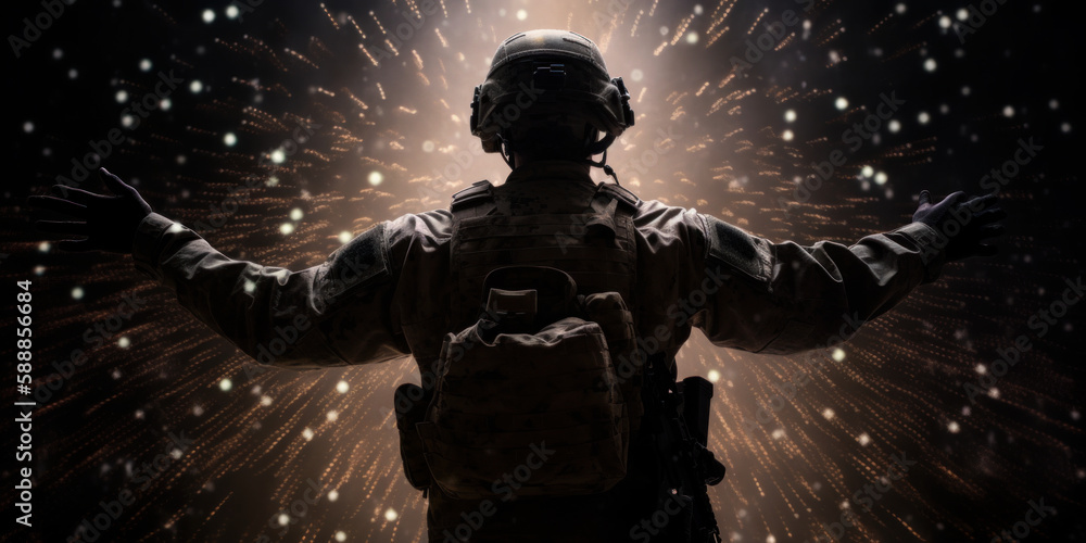 Army Soldier on black bokeh background. US Army concept wallpaper. Generative AI Army Soldier on black bokeh background. US Army concept wallpaper. Generative AI