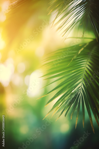 Generative Ai illustration. Nature green palm leaf ,tropical beach. © Evis