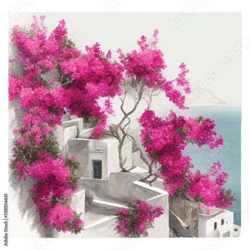 Fotografie Watercolor Santorini Island landscape
