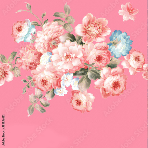 Watercolor, various flowers, roses, peonies, Paisley, beautiful © Zhang
