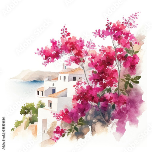 Watercolor Santorini Island landscape. Greece summer island landscape. Santorini hand drawn square vector background. Picturesque sketch. Ideal for card, invitation, banners, posters.