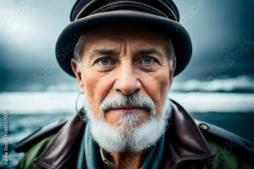 Cinematic Portrait of an old fisherman, wearing an old worn leather jacket, the North Sea at the background. Concept of active age. Generative AI