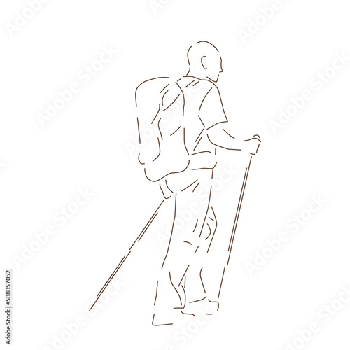 Young backpacker man hiking. male travel alone on nature landscape scenes, journey trip, outdoor activity, character cartoon flat vector illustration. minimal vector.
