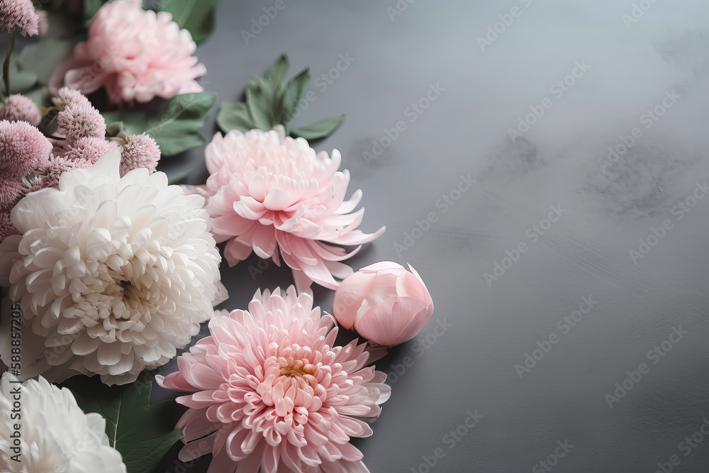 Beautiful chrysanthemum flowers on a gray background. Festive floral background. Generative AI illustration Beautiful chrysanthemum flowers on a gray background. Festive floral background. Generative AI illustration