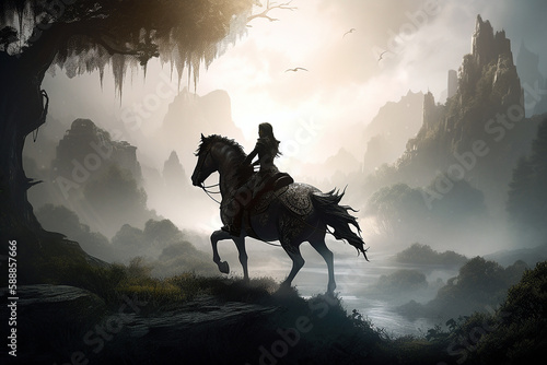 Silhouette of a female knight rides on a horse. Generative AI 