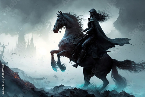 Demonic knight Apocalyptian knight rushes into battle on a demonic horse with ghostly cavalry. Generative AI 