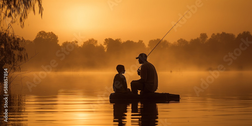 Father and Son Fishing on Serene Lake at Sunrise. Bonding Moment and Special Connection. Generative AI