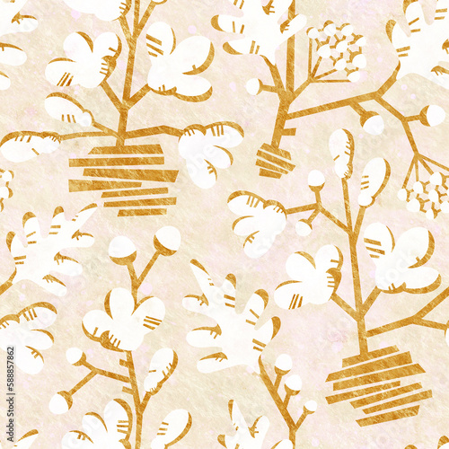 Seamless background with floral ornament for design. Golden flowers on a white background. Illustration with a seamless ornament for printing on fabric and paper.