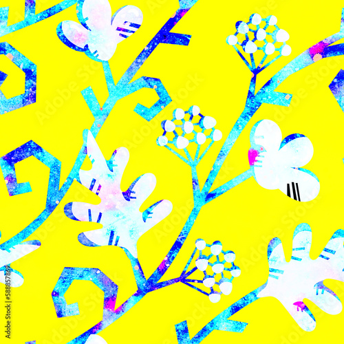 Seamless background with floral ornament for design. Bright grunge flowers on a yellow background. Illustration with a seamless ornament for printing on fabric and paper.