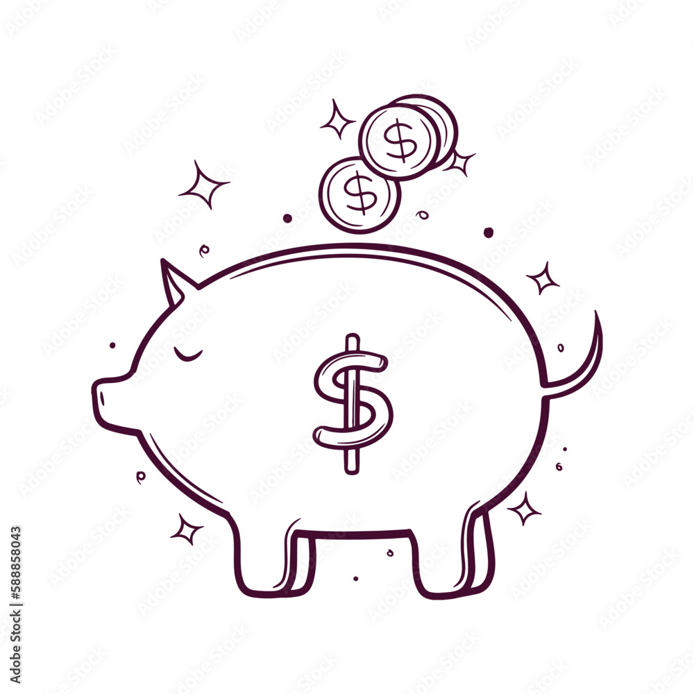 Cute Piggy Bank with Coins. Saving Money Concept. Hand Drawn Vector Illustration Cute Piggy Bank with Coins. Saving Money Concept. Hand Drawn Vector Illustration