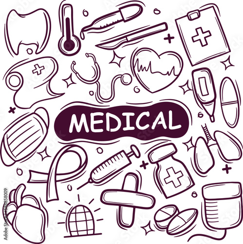 Collection of Medical Doodles. Healthcare Concept. Hand Drawn Vector Illustration