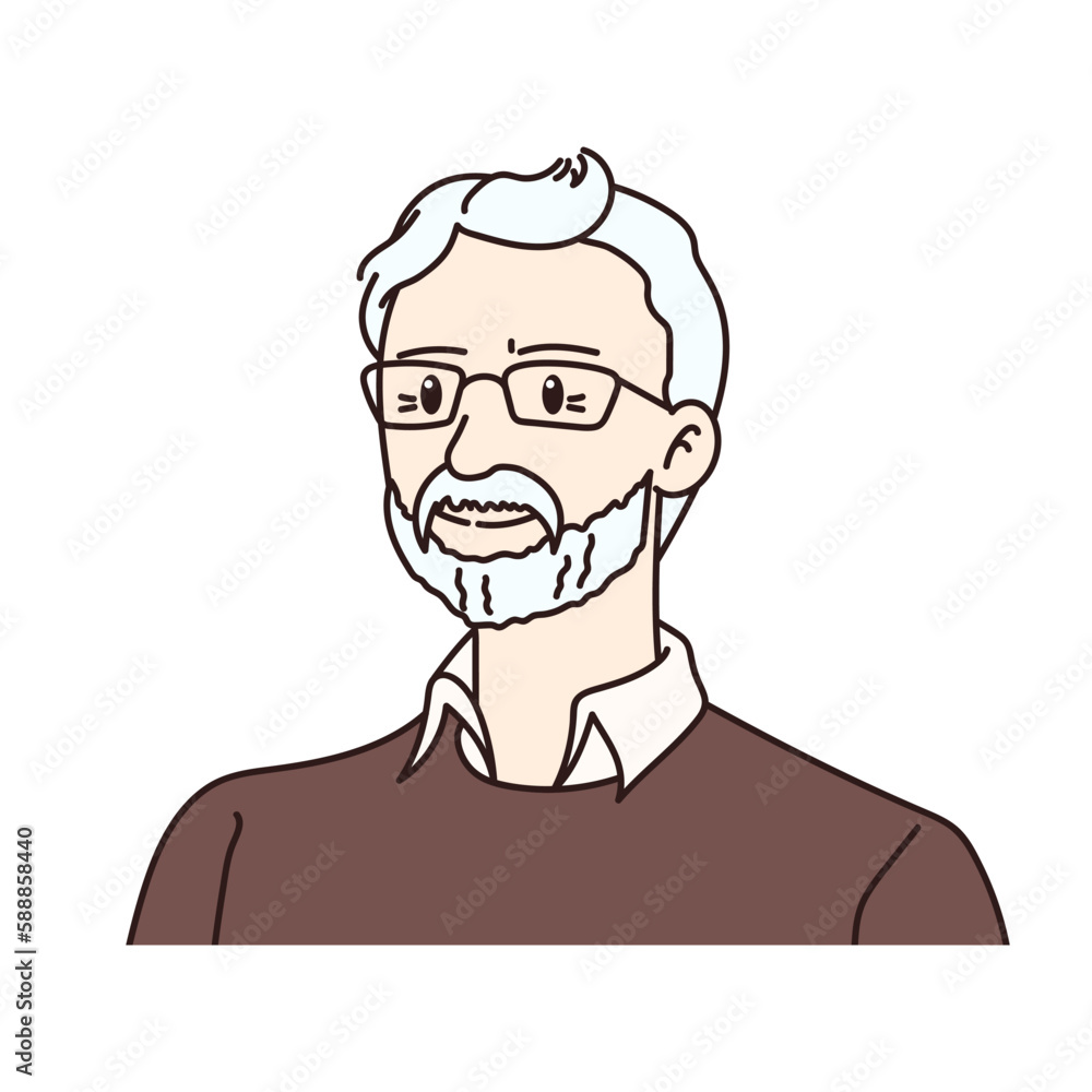 Happy smiling elderly man. Senior grandfather portrait in cartoon style. Vector illustration isolated on white background.