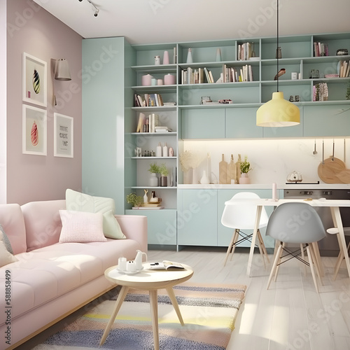 Generattive ai ilustrations, living room design, in color pastel © Erda