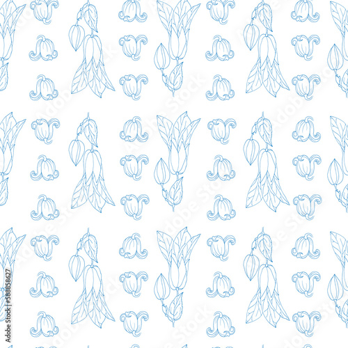 Hand-drawn seamless pattern with physalis on white background. Floral design for fabric, templates, wallpaper, cards.