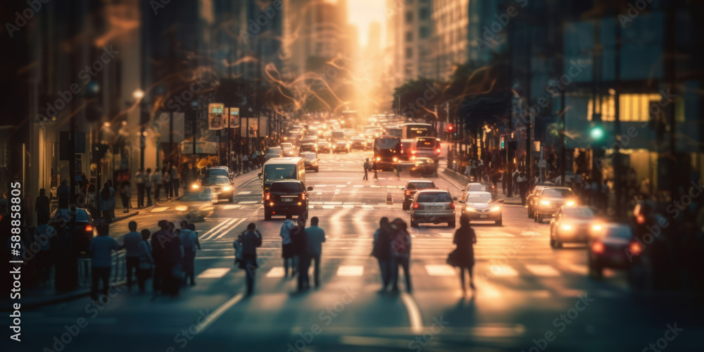 Urban Rush Hour. Cityscape with People in Motion and Bokeh Lights. Generative AI