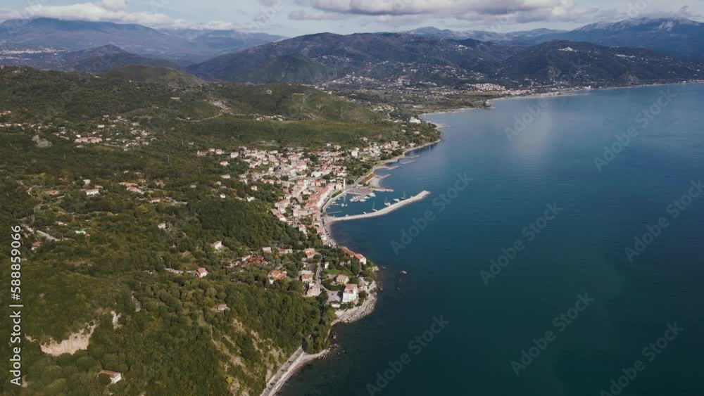 Aerial view of Scario, a small seaside village on the Cilento coast in the province of Salerno, Campania, Italy. Aerial view of Scario, a small seaside village on the Cilento coast in the province of Salerno, Campania, Italy.