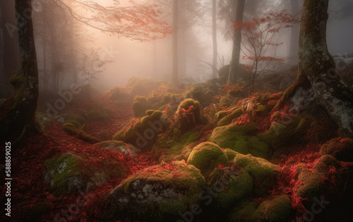 Bello atardecer con niebla en un bosque de hayas en otoño.Ilustración de IA Generativa  photo
