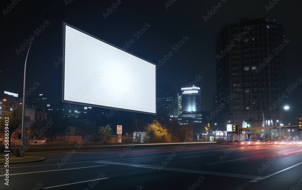 A billboard in a dark city at night, A large blank billboard in a city at night.