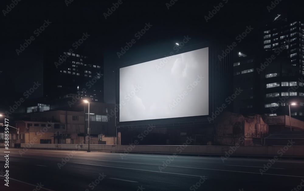 A billboard in a dark city at night, A large blank billboard in a city at night. A billboard in a dark city at night, A large blank billboard in a city at night.
