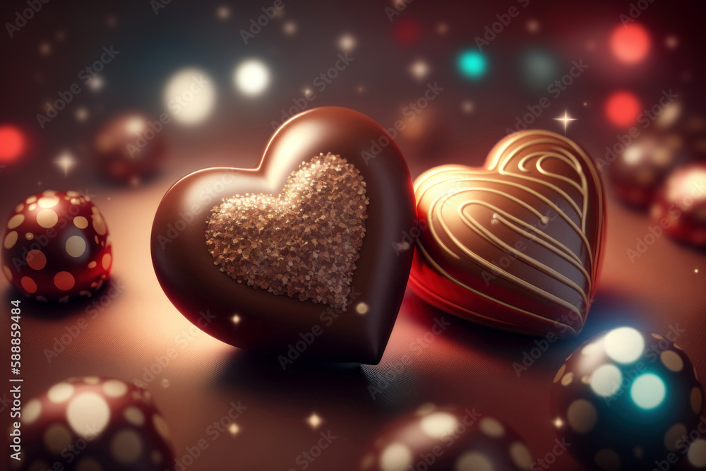 Fototapeta premium Various chocolate candies in the shape of a heart on a festive background. AI Generative