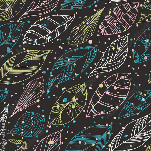 First snow on fallen leaves. Seamless pattern. Doodle vector