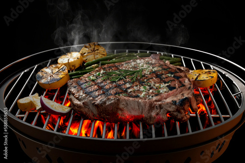 Steak is cooking on a grill with flames in the backgroung of the grill, Generative AI
