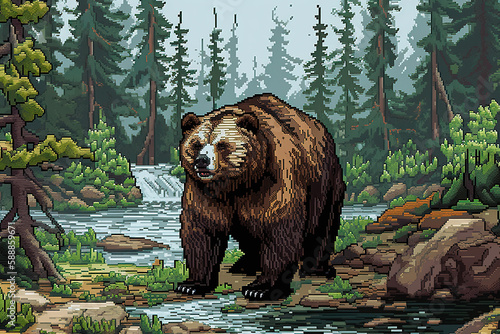 Pixel art de un oso pardo en un bosque .Ilustraci√≥n de IA Generativa photo