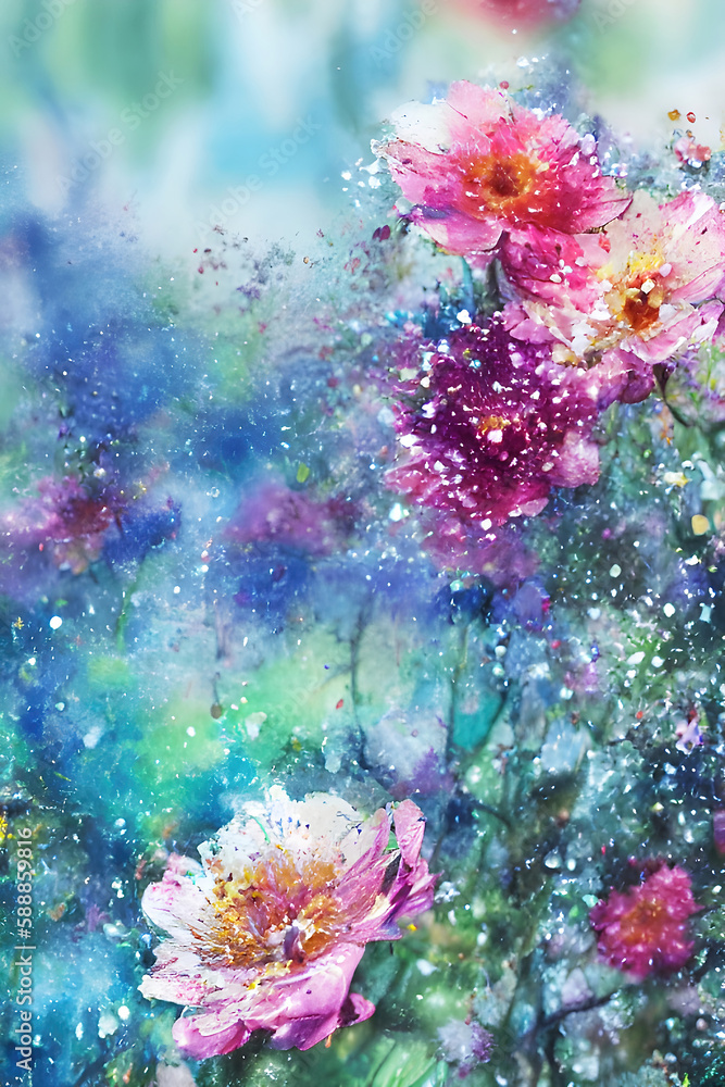 Watercolors flowers background, abstract flowers made from whatercolor paint splashes. Generative Ai.