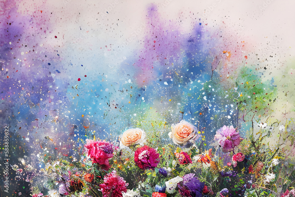 Watercolors flowers background, abstract flowers made from whatercolor paint splashes. Generative Ai.