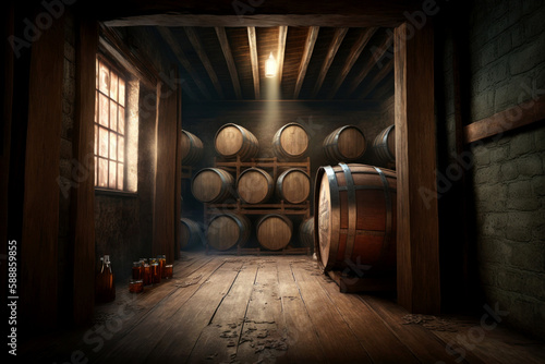 Alcohol barrel room interior  wine or whiskey   Generative AI