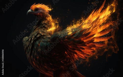 A bird with a burning fire on its head, A fire bird with flames in the background.