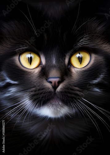 Portret czarnego kotka z żółtymi oczami i białym futerkiem na brodzie. Kotek z długimi wąsami. Generative AI