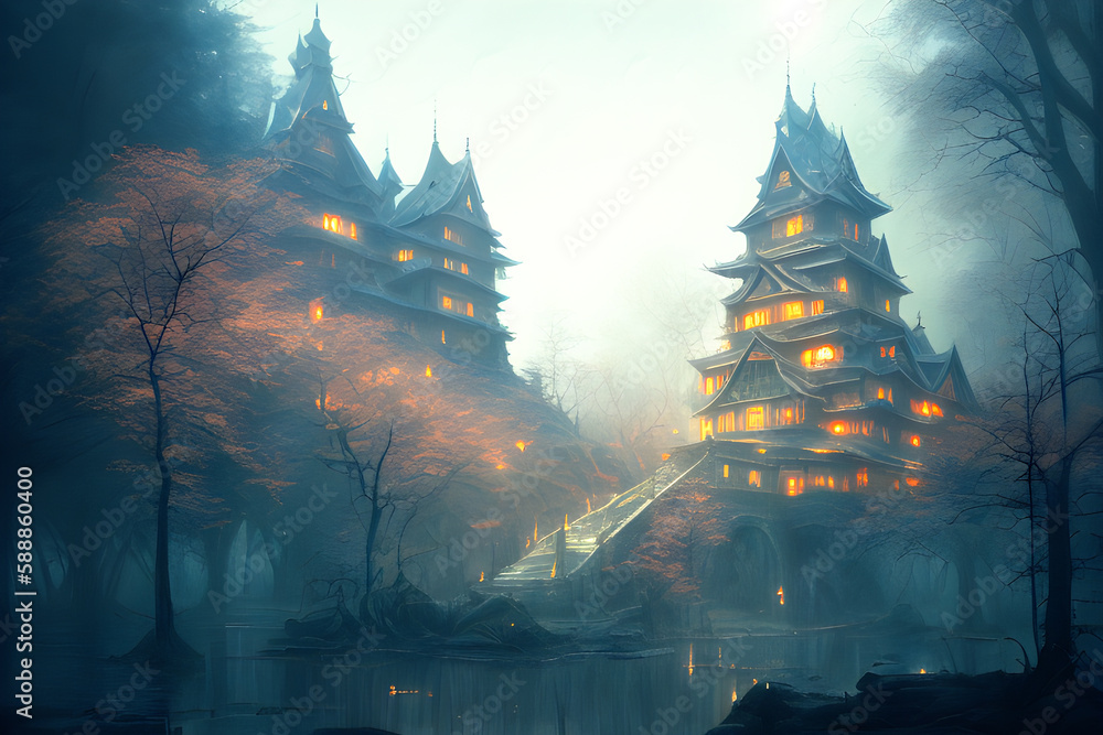 Japońskie orientalne pałace tajemniczego miasta. Zamglone ulice. Ponure zaułki. Abstrakcja - Generative AI - obrazy, fototapety, plakaty 