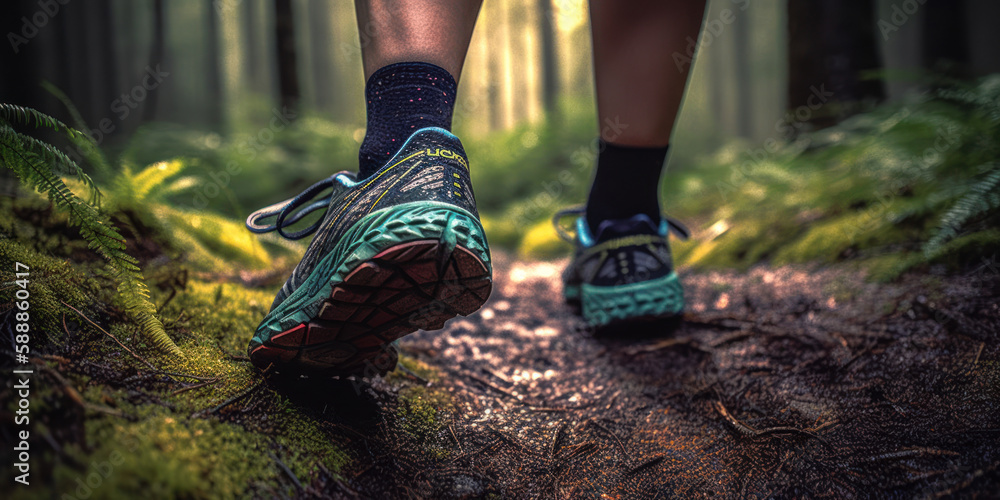 Lady trail runner on a forest path, close-up of her trail running shoes. The runner in motion. Generative AI