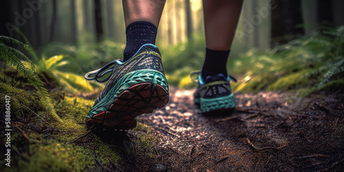 Lady trail runner on a forest path, close-up of her trail running shoes. The runner in motion. Generative AI © Bartek