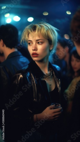 The 1990s, a portrait of a woman in a nightclub. AI-generated