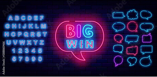 Big win neon label in speech bubble. Think cloud frames set. Shiny blue font. Vector stock illustration