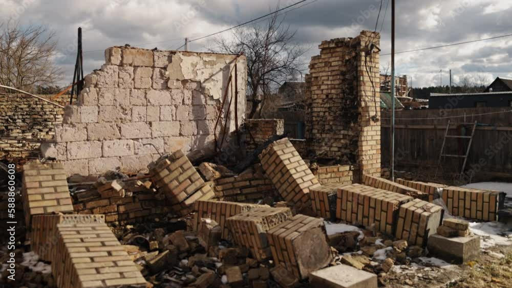 full of debris, Buildings destroyed, ruins of house. In aftermath of ...