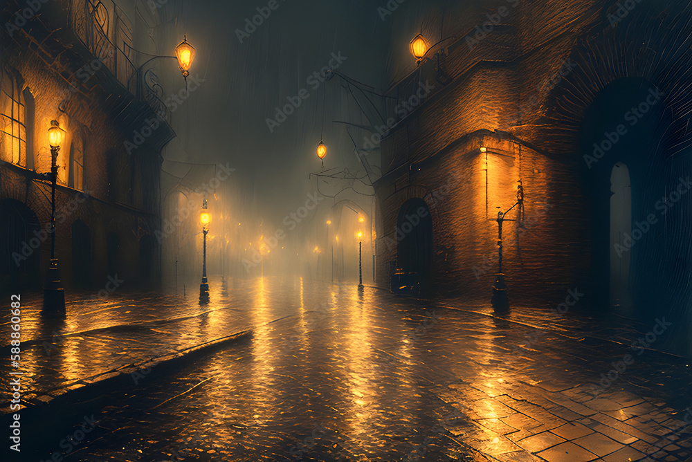 Magiczna ciemna ulica. Deszczowe zaułki miasta nocą. Abstrakcja - Generative AI - obrazy, fototapety, plakaty 