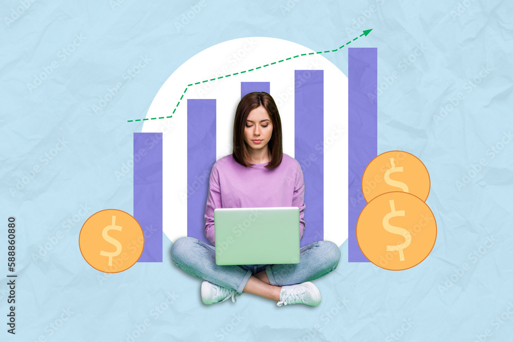 Photo collage of confident successful business woman trader netbook growing graphic arrow earnings income investment isolated on blue background