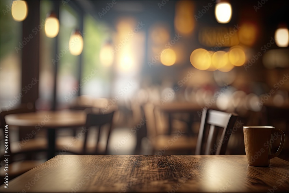 Blurred background of a cafe or restaurant features an empty. ai generative